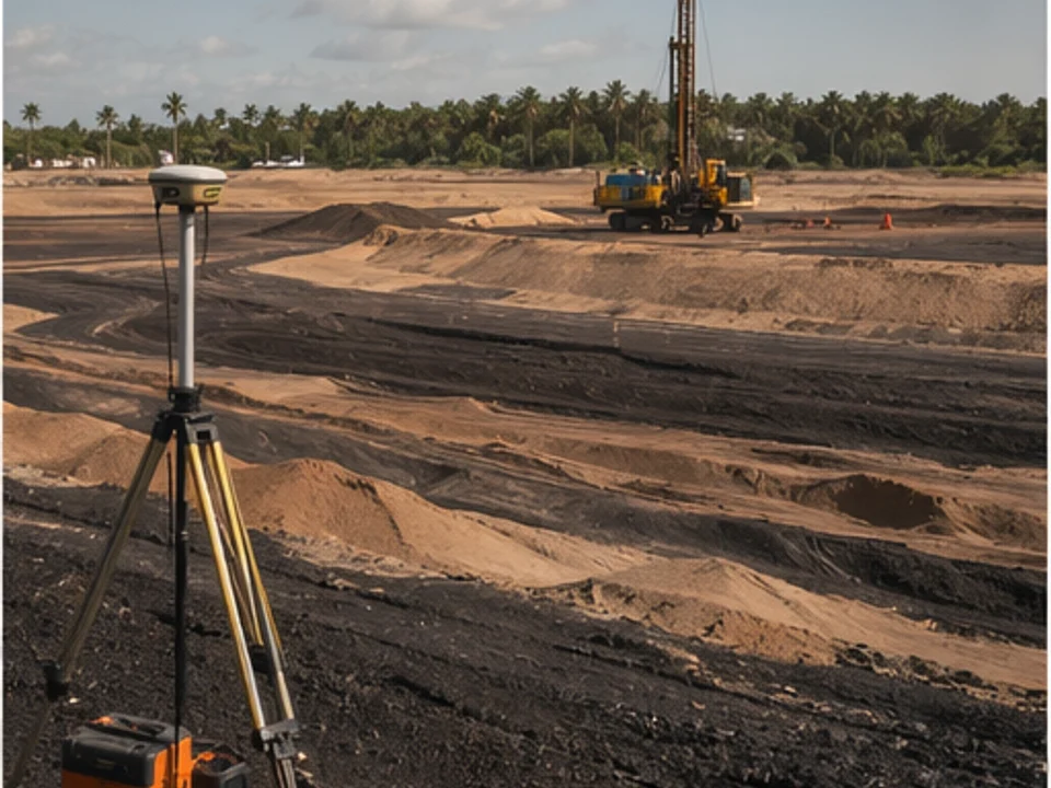 Generated view of a controlled mineral sands exploration site with survey equipment